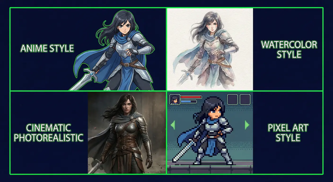 One RPG character shown across several visual styles with small consistency differences