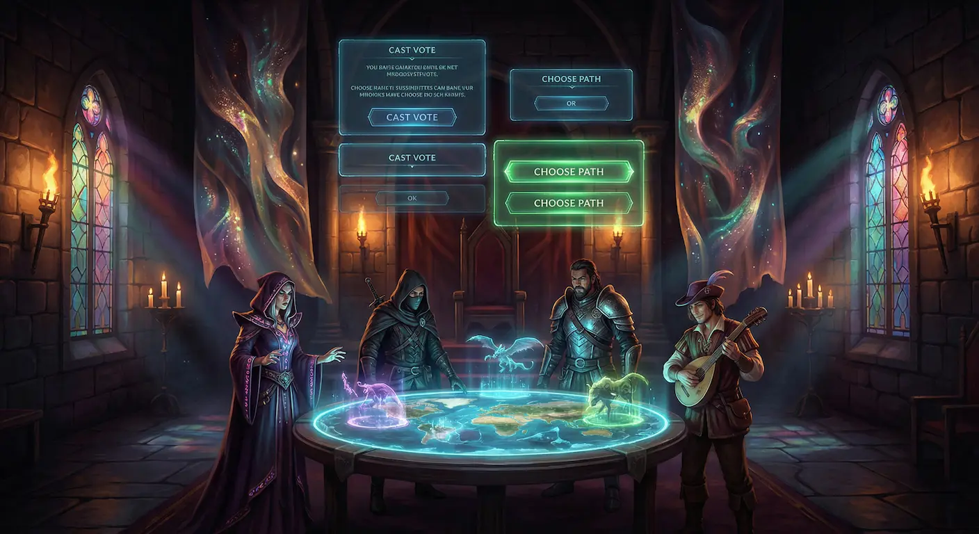 Multiple players gathered around a glowing fantasy map table, voting on story decisions in a multiplayer AI game