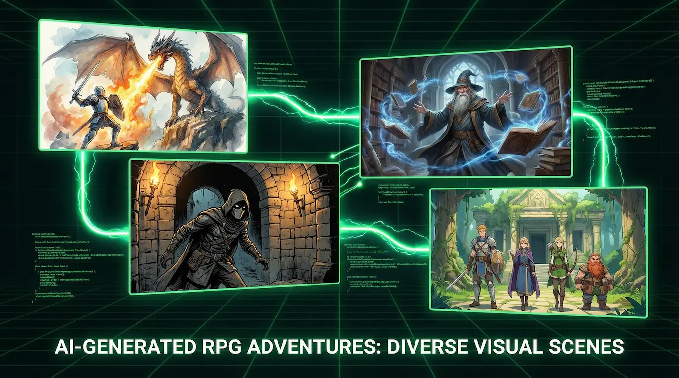 Illustrated AI RPG scenes showing distinct characters and fantasy locations