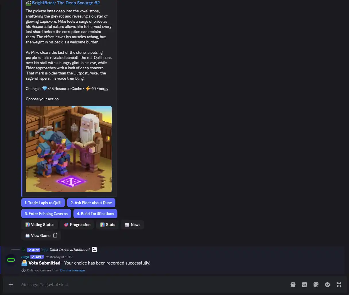 aiga_ Discord bot showing interactive story voting and rich embeds in a server channel