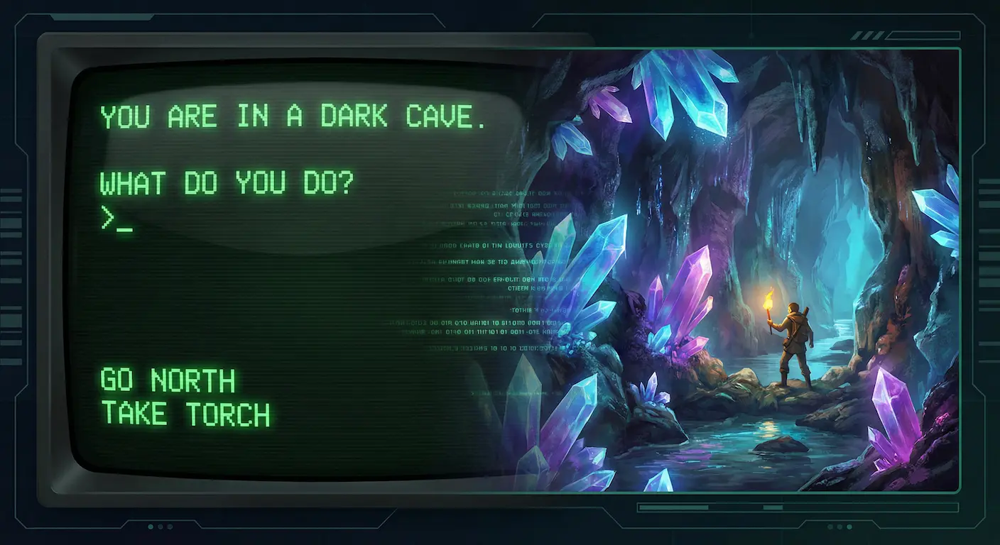 Side-by-side showing a classic green-text terminal adventure next to a richly illustrated AI-generated cave scene
