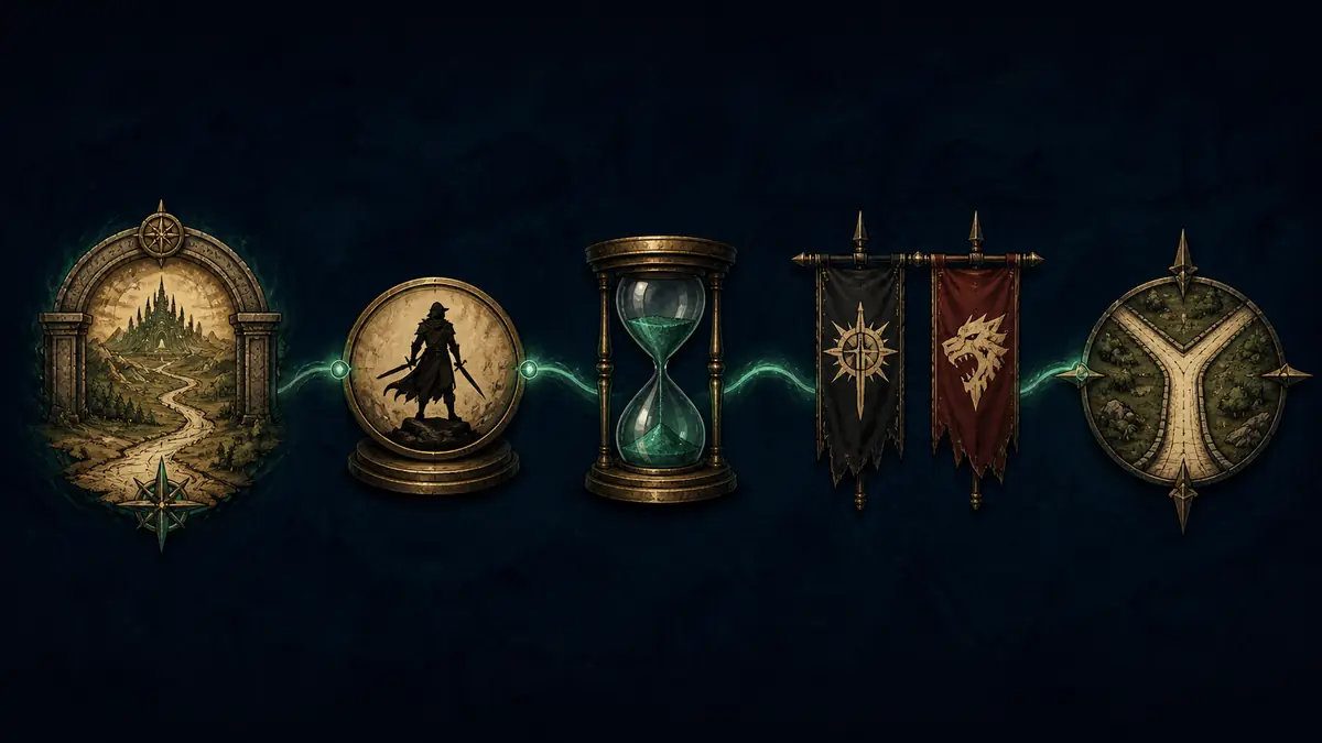 Five connected symbols representing place, player role, pressure, opposing forces, and the opening decision in an AI RPG prompt